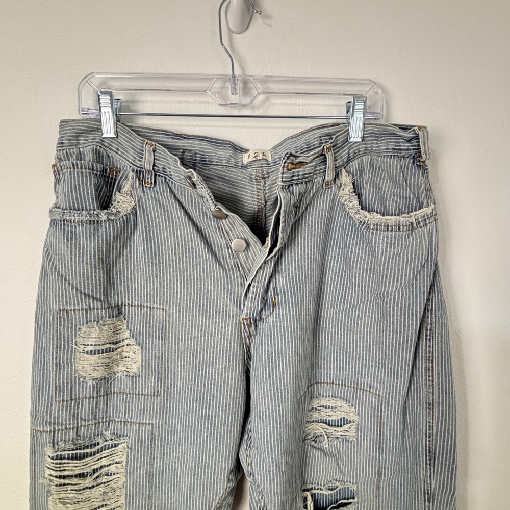 POL Hickory Stripe Distressed Patchwork Wide Leg Relaxed Grunge Denim Pants M - Picture 4 of 11